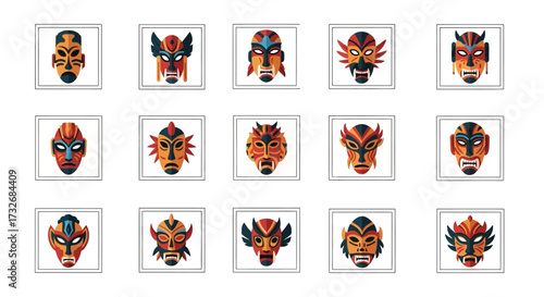 Collection of fifteen tribal masks with vibrant colors and intricate designs.