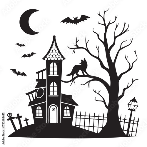Eerie halloween night scene a spooky haunted house silhouetted against a crescent moon, bats flying overhead, and a lone wolf howling from a bare tree, creating a chilling and mysterious atmosphere