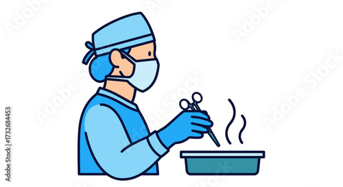 Surgeon in scrubs and mask preparing sterile surgical instruments.