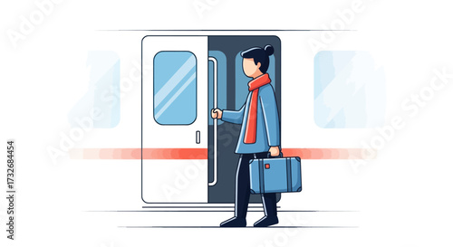 Stylish traveler with a briefcase waiting to board a train.
