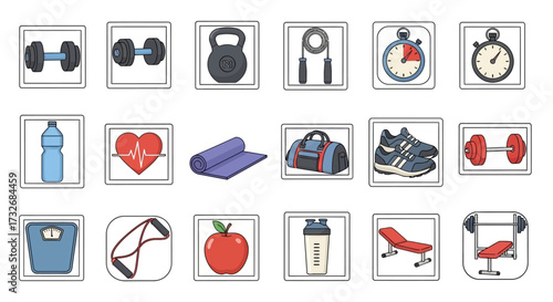 Collection of fitness and exercise equipment icons for a healthy lifestyle.