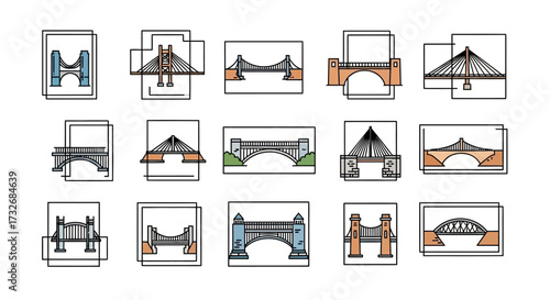 Collection of Hand-Drawn Bridge Icons Representing Various Architectural Styles.