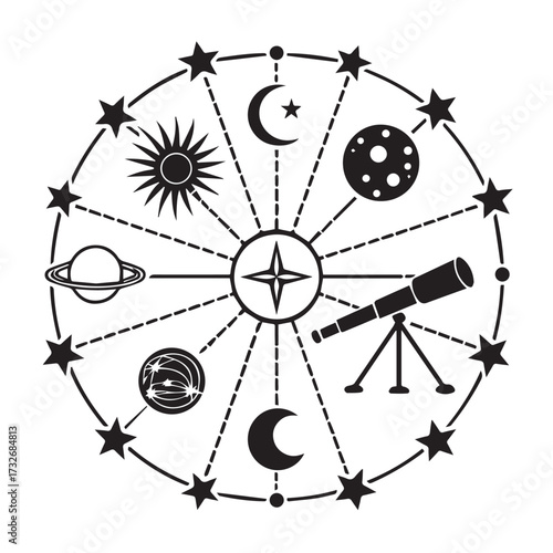 Celestial mandala featuring planets, stars, sun, moon, and telescope, arranged in a circular pattern, isolated on white background, representing cosmic harmony and astronomical exploration