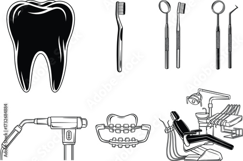Dental care tools vector set with tooth, toothbrush, braces, dental chair, and equipment for oral hygiene and dentistry icons