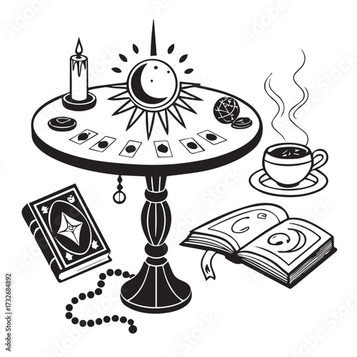 A fortune tellers table isolated on white background, complete with a crystal ball, tarot cards, a candle, and books, suggesting a scene of divination and mystical practices