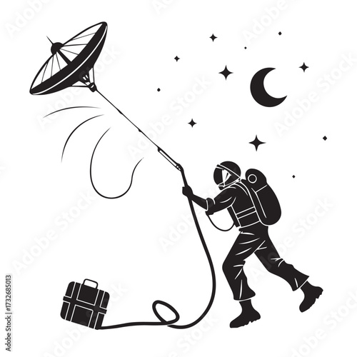 An astronaut is depicted in silhouette, using a tool to adjust a satellite dish against a backdrop of a crescent moon and stars, isolated on white background a briefcase sits nearby