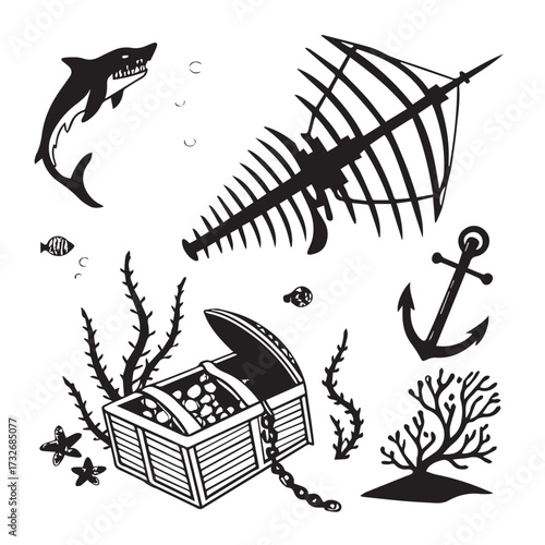 An underwater scene isolated on white background, featuring a shipwreck, treasure chest, shark, and marine life, creating a mysterious and adventurous oceanic setting
