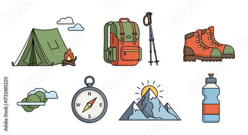 Collection of outdoor camping and hiking equipment.