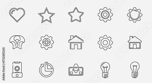 Collection of Outline Icons - Heart, Star, Gear, Home, Lightbulb, and More.