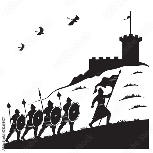 A black and white illustration isolated on white background shows soldiers marching up a hill towards a castle, led by a flag bearer, with birds flying above, creating a historical scene
