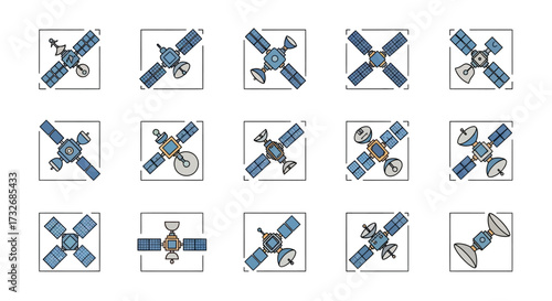 Collection of satellite icons various designs.