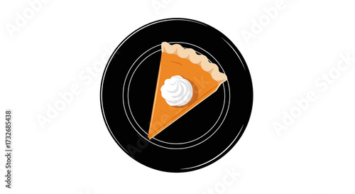 Slice of pumpkin pie with whipped cream on a black plate  