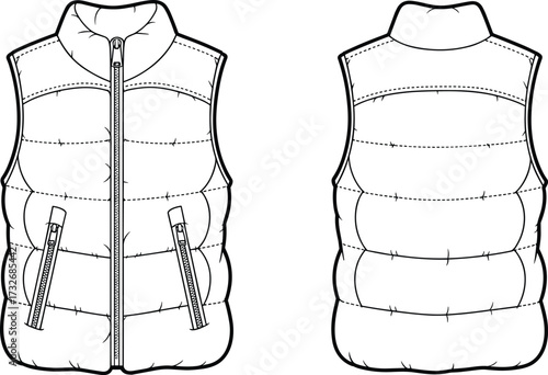 Technical fashion flat, padded vest front and back view, vector illustration, apparel design template, quilted stitching, zipper closure, high collar, zip pockets