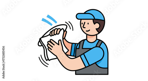 Illustrated Male Worker in Blue Uniform Cleaning with a Cloth.