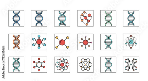 Collection of science and medical icons representing DNA and molecular structures.