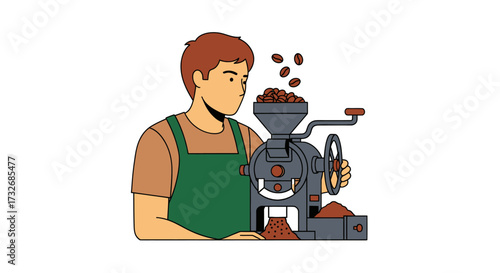 Barista grinding fresh coffee beans with a manual grinder illustration.