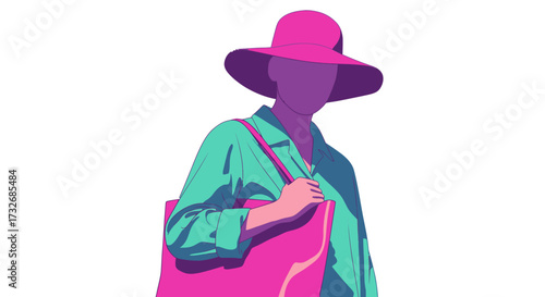 Faceless figure, hat, green shirt, pink bag