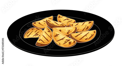 Potato wedges served as a side dish on a black plate, food illustration, minimalist style, copy space
