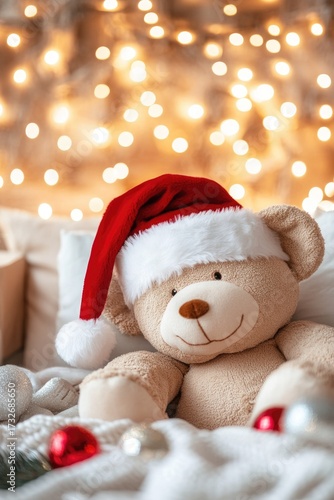 Wallpaper Mural Cozy bear in santa hat with bokeh christmas lights background Torontodigital.ca