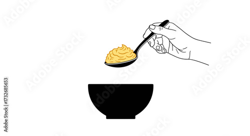 Spoonful of mashed potatoes being served into a bowl, food illustration, minimalist style, copy space