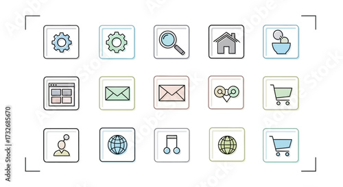 Collection of simple line icons representing various business and technology concepts.