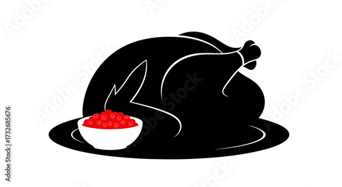Roasted turkey with a bowl of cranberry sauce on a plate, food illustration, minimalist style, copy space 