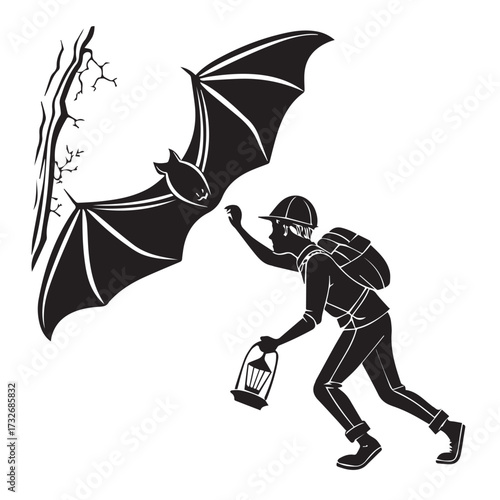 Explorer encountering a bat in a cave isolated on white background a person with a lantern facing a bat, symbolizing exploration and adventure in the dark