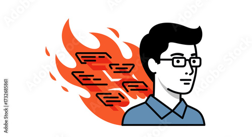 Burning thoughts Man with glasses has flame-like shapes near head