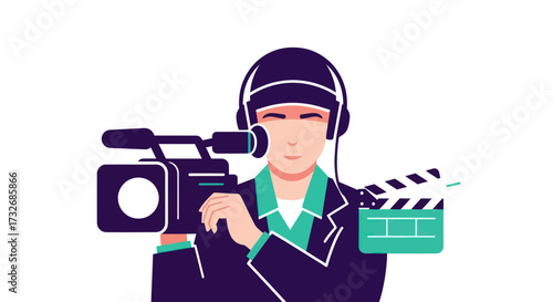 Videographer holding a camera and clapperboard