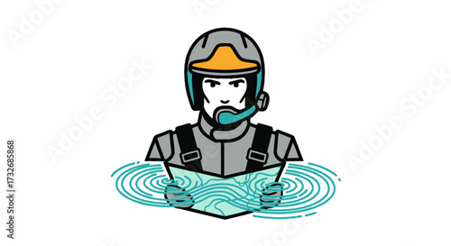 Person in gear looking at map with ripples