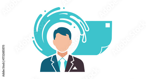 Abstract graphic of a faceless business person w/ teal swirl and paper