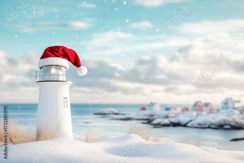 Festive lighthouse with santa hat in winter coastal scene