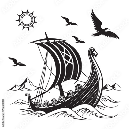 A viking longship sails on a wavy sea under a sun, with mountains in the background and birds flying above, all depicted in silhouette, isolated on white background