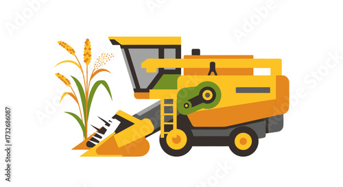 Yellow combine harvester next to stalks of wheat