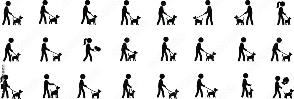Naklejka premium Dog walking silhouette icons grid, everyday activity figures, leash interaction, black contour, white background, minimal style, pet companionship design