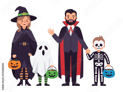 Halloween Family Gathering: A cartoon family joyfully embraces the spirit of Halloween. Dressed in festive costumes, they bring the spooky holiday to life