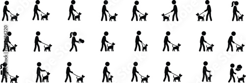 Dog walking silhouette icons grid, everyday activity figures, leash interaction, black contour, white background, minimal style, pet companionship design