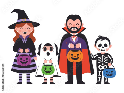 Spooky Family: Embrace the magic of Halloween with a spirited family, each member adorned in classic costumes, holding treat bags, ready for a night of fun and spooky excitement.