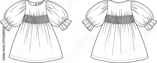 Technical fashion flat, girls dress front and back view, vector illustration, apparel design template, smocked bodice, puff sleeves, ruffle cuffs, gathered skirt