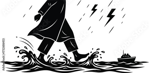 Jesus feet walking on water miracle during a storm and tempest vector illustration 