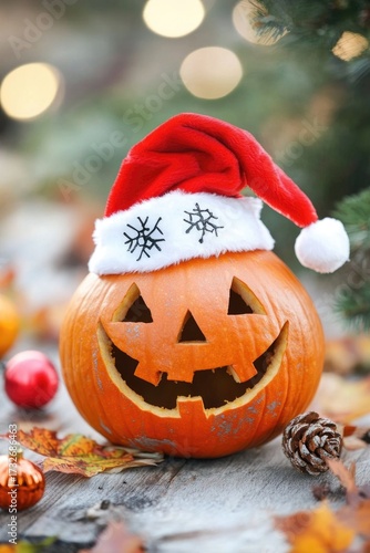 Festive pumpkin with santa hat blending halloween and christmas celebrations