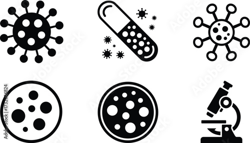 Microbiology icons set with virus, petri dish, capsule, microscope—medical science vector for healthcare, research, antibiotics, and lab analysis