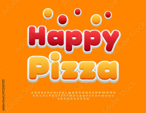 Vector Culinary poster Happy Pizza. Cute Orange Font. Funky Round Alphabet Letters and Numbers set.