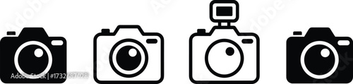 Minimal black and white camera icons set for photography, media, app interface, vintage design, digital device, and web use