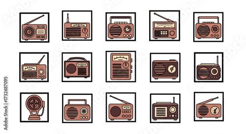 Collection of vintage radios in square frames, retro technology devices.