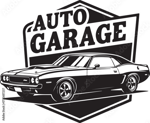 Classic Muscle Car with Retro Automotive Garage Sign Illustration