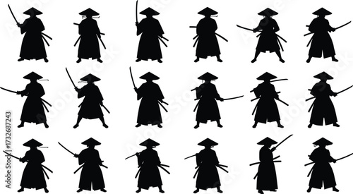 Samurai warrior silhouettes grid, katana poses, traditional attire, martial arts stances, black contour, white background, minimal style, cultural iconography