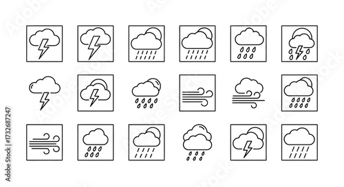 Collection of weather icons, various types of clouds, rain, wind, and lightning.