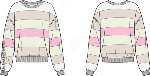 Technical fashion flat, striped sweater front and back view, vector illustration, apparel design template, crew neck, ribbed cuffs, ribbed hem, puff sleeves