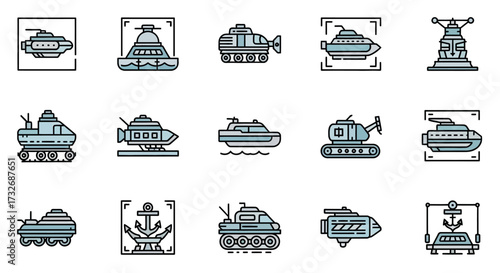 Creative Line Art Icons of Steampunk Transportation.